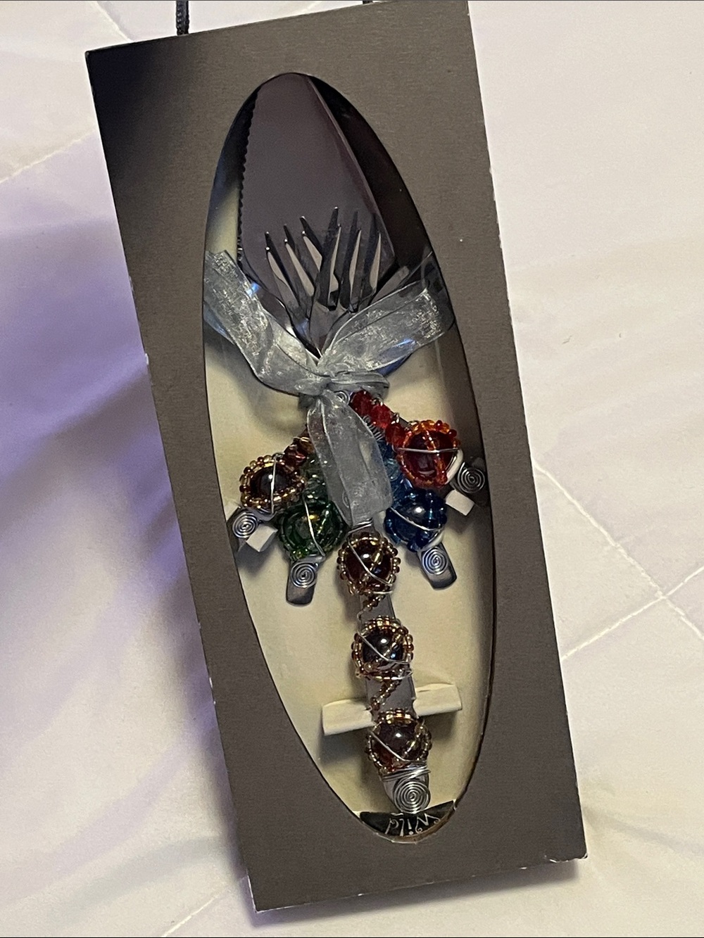 Decorative Multicolor Bead Cake Knife & 4 Piece Fork Set with Ribbon New in Box